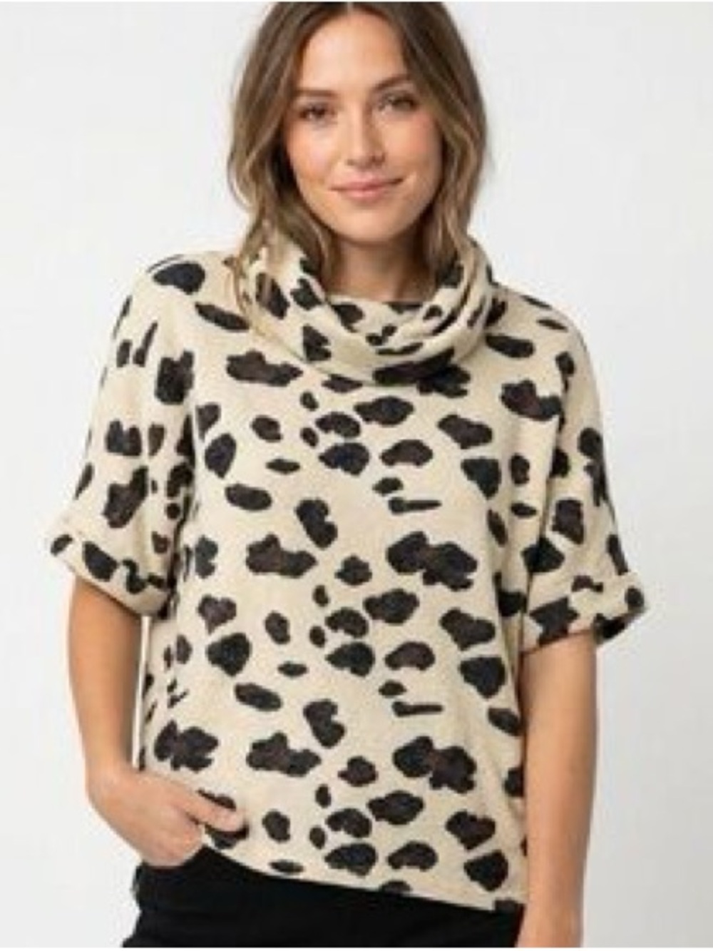 First Love Women’s Cream Leopard Print Cowl Neck Sweater, size medium